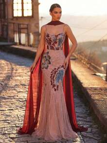 Glamrae Elegant Luxurious Colorful Beaded Sequin Embroidered Shoulder Strap Mermaid Dress With Detachable Jacket,Heavy Embellishment Formal Wedding Gala Gown - Multicolor - View 8