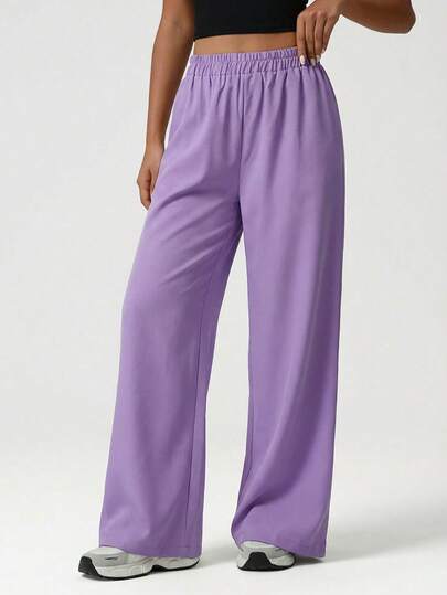EURMUSE Solid Elastic Waist Straight Leg Pants