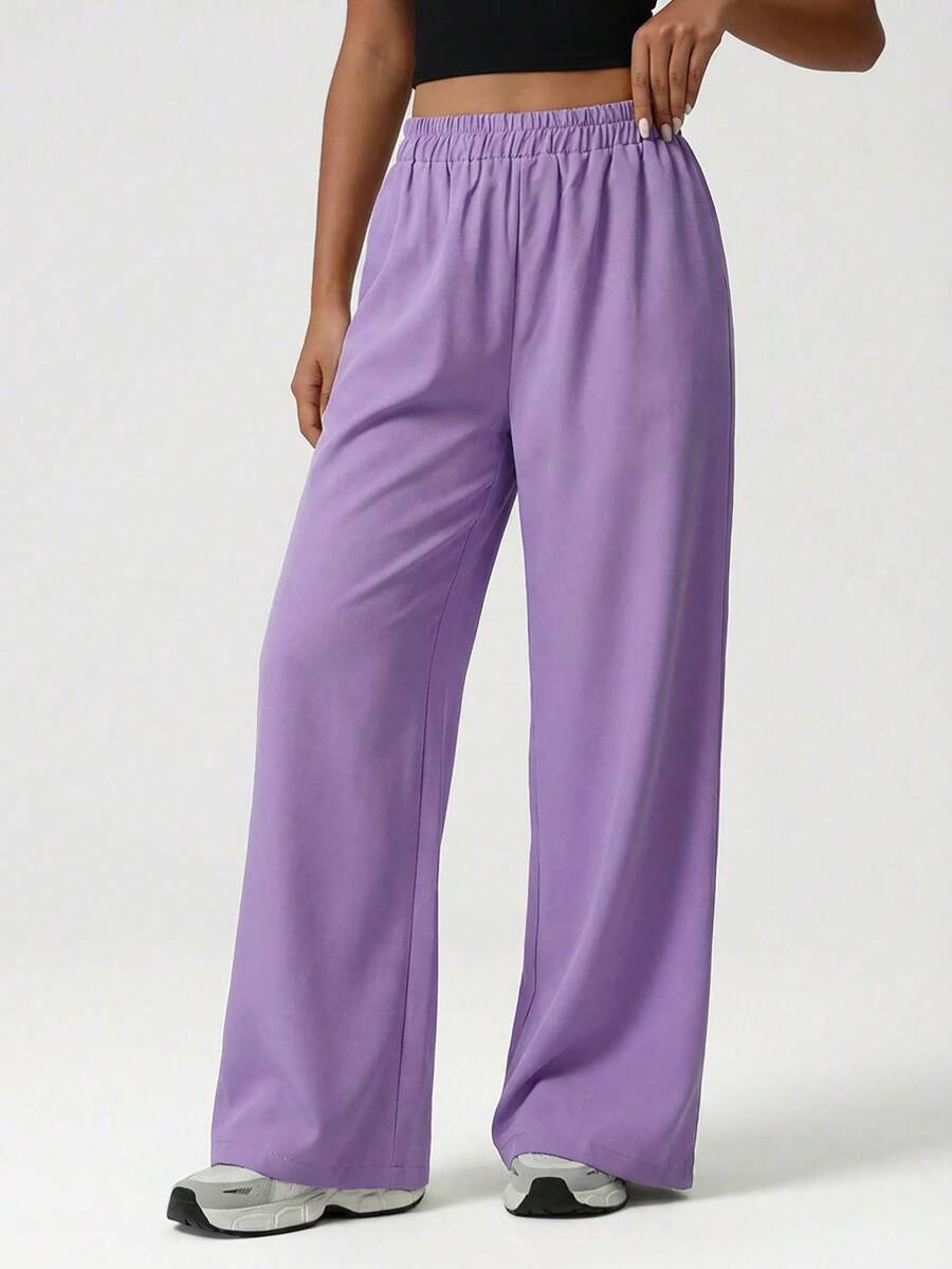 Solid Elastic Waist Straight Leg Pants - Lilac Purple - View 1