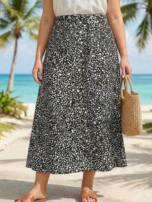 SHEIN LUNE Summer Clothes Plus Size Women's Small Leopard Print Long Skirt With Center Front Button Decoration,Summer Clothes Black And White Skirt Animal Print Skirt Midi Skirts For Women Pattern Skirt Graphic Skirt Long Summer Skirt Vacation Skirts Beach Skirt Vacation Skirts For Women Long Skirts For Women Women's Skirts Beach Skirts For Women Women Summer Skirts High Waist Skirts For Women - Black and White - View 5