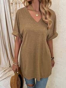 EMERY ROSE 女士纯色V领短袖休闲宽松百搭T恤 - 棕色 - 查看 4