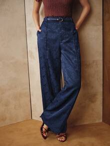 Anewsta Pantalones rectos elegantes para mujer, pantalones rectos de jacquard rojo minimalista para ir al trabajo - Azul Marino - Ver 3