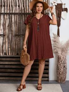 Rosumi Plus Size Summer Casual Solid Color Textured Dress - Redwood - View 6