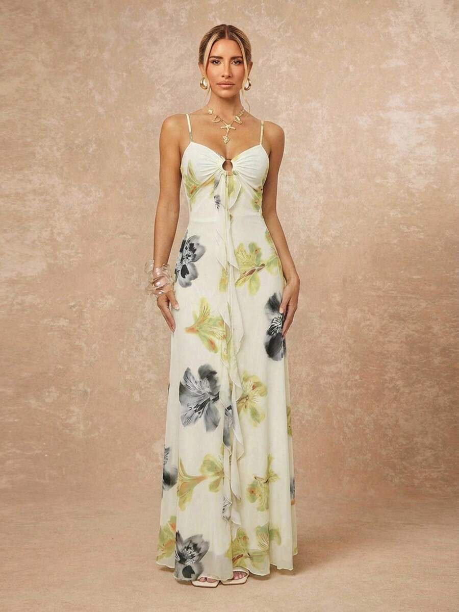 Lumalex Women's Yellow Elegant Floral Print Backless Ruffled Hem Spaghetti Strap Patchwork Suspender Dress, Adjustable Spaghetti Straps, Cross-Back Lace-Up Tie, Open Back Design, Soft Ruffle Overlay & Flowing Floor-Length Maxi Dress Suitable For Party, Wedding Occasions, Summer, Holiday Dress, Sexy Dress, Yellow Dress, Going Out Dress, Date Dress,Valentine's Day,Valentine Outfits For Women Date Nights, Weddings, Proms, Banquets, Birthdays, Carnivals, Festivals (Including Al-Adha), And Other Holiday Events. Showcases Romantic Valentine Vibes, Neo-Girly Charm, Boho-Casual Flair, Quiet Luxury, Business Chic, And Relaxed Vacay Elegance.Ruffle-Hem Bodycon Long-Sleeve Dress: A Richly Layered, Glitter-Accented Style For Luxury Proms, Receptions, Banquets, Weddings, Raves, Festivals, Holiday Gatherings, And Outdoor Evening Occasions-Ideal Whenever You Need A Sophisticated Yet Striking Party Look.