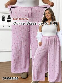 SHEIN CURVE+ 大码女式印花蕾丝心形休闲阔腿裤，粉色条纹阔腿裤 - 粉色 - 查看 1