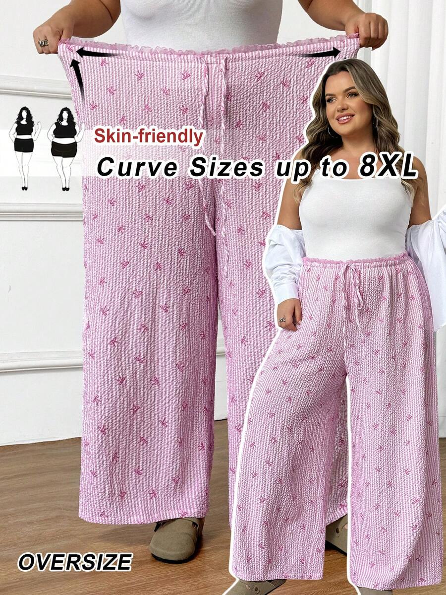 SHEIN CURVE+ 大码女式印花蕾丝心形休闲阔腿裤,粉色条纹阔腿裤 - 粉色 - 查看 1