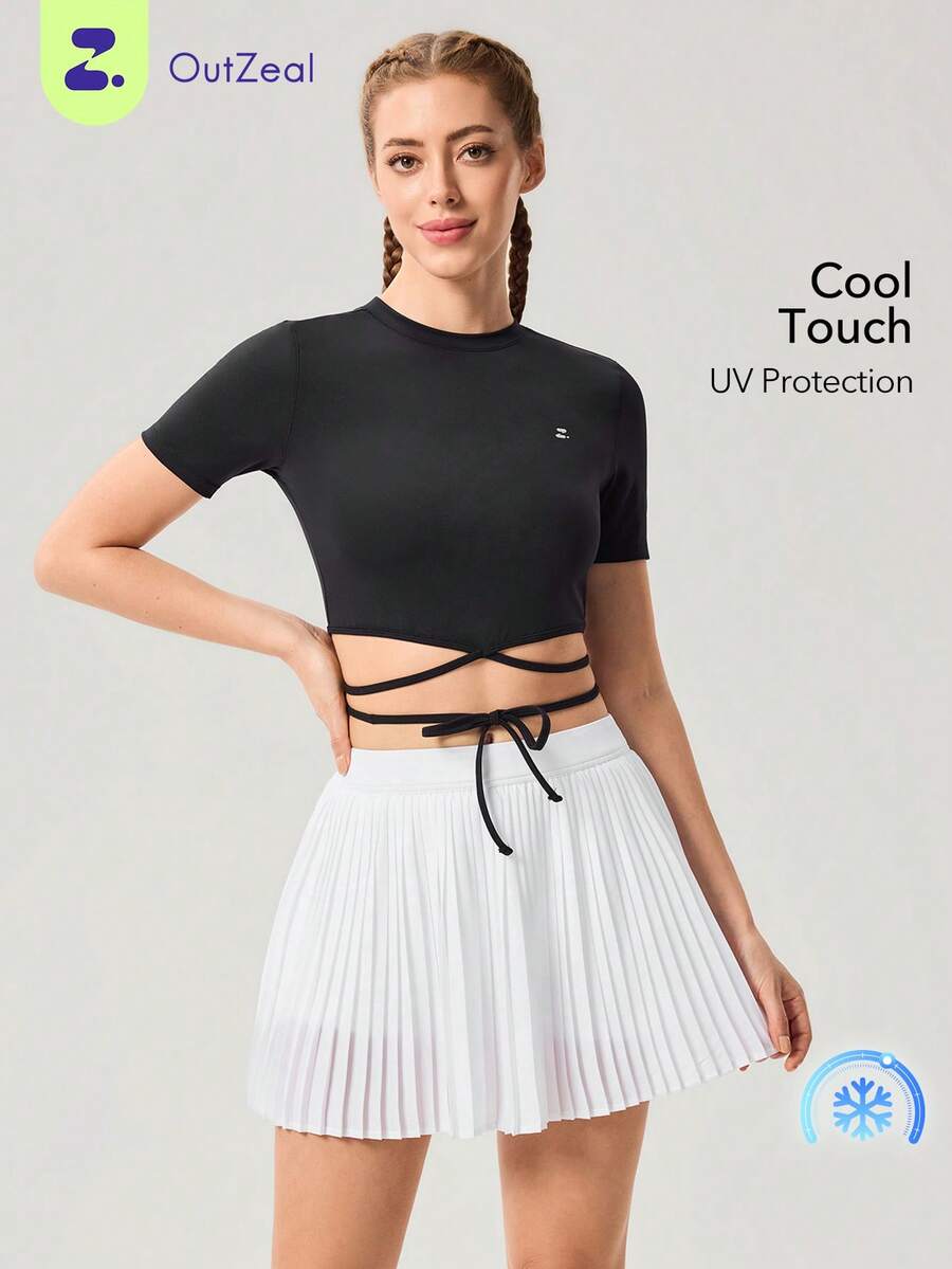 OutZeal Áo tập thể dục nữ ngoài trời màu đen trơn, mùa hè xuân, yoga, phong cách thường ngày, thoáng mát, chống tia UV, dáng ôm, thiết kế thắt eo, áo croptop ngoài trời. - màu đen - Xem 1