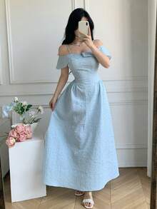 Celisse Đầm dạ hội dài nữ kiểu dáng thanh lịch, xếp ly, trễ vai, thắt eo, chất liệu jacquard. - Màu xanh lam - Xem 3