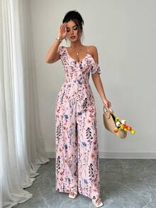 Arcane Artistry Women's Elegant Asymmetric Ruffle Collar Vacation Wide Leg Printed Jumpsuit Birthday Dress For Women Prom Best Selling Dresses Wedding Guest Dress Women Floral Bohemian Outfit For Women Dress Boho Occasion Jumpsuit For Women Off Shoulder Floral Jumpsuit Floral Wide Leg Jumpsuit Floral Jumpsuit For Women Spring Floral Jumpsuit Zanea Dress For Woman Yisikado Dress - Pink - View 4