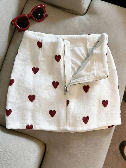 Franclia 韩版低腰A字时尚新款显瘦爱心印花拉链半身裙