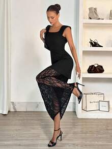 Siren Gaze Square Neck/Off-The-Shoulder Style Black Lace-Trimmed Long Dress For Women, Perfect For Summer. Elegant High-Waisted Dress, New Summer Design, Sophisticated And Stylish, Sheer Mesh Lace Trim, Perfect For Banquets Sexy Elegant Dress Black Lace Dress Black See Through Dress Lace Insert Dress 2 In 1 Dress - Black - View 7