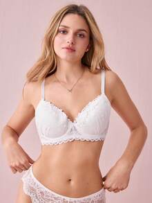 DelicateAllure Underwire, Molded Cup, High Support, Lift & Enhance, Delicate Lace, Mesh Inset, Innocent, Romantic, Elegant, Refined Ladies Bra - White - View 4