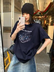 DAZY Camiseta de mujer de cuello redondo, estilo coreano, lavada - Azul Marino - Ver 5