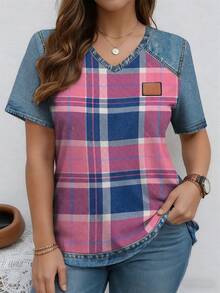 EMERY ROSE Camiseta casual de manga corta con cuello en V acanalado, estampado de retazos, talla grande, para primavera y verano - Multicolor - Ver 1