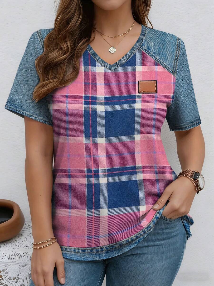 EMERY ROSE Camiseta casual de manga corta con cuello en V acanalado, estampado de retazos, talla grande, para primavera y verano - Multicolor - Ver 1