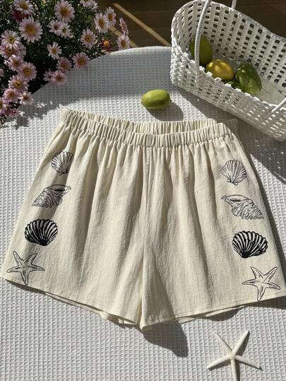 SHEIN EZwear Quần short nữ cỡ lớn in hình vỏ sò và sao biển, cạp chun, kiểu dáng thường ngày.