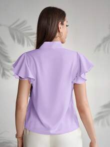 Modelyn Blus Elegan Wanita Warna Polos dengan Kerah Ikat dan Lengan Berkerut, Atasan Musim Panas - Purple - View 2