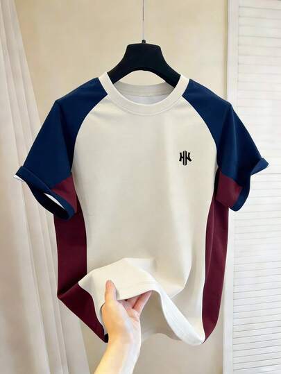 Chillumni Men's Round Neck Contrast Color T-Shirt With Creative Small Pattern Design, Fashionable Casual Versatile Sporty Round Neck Short Sleeve T-Shirt