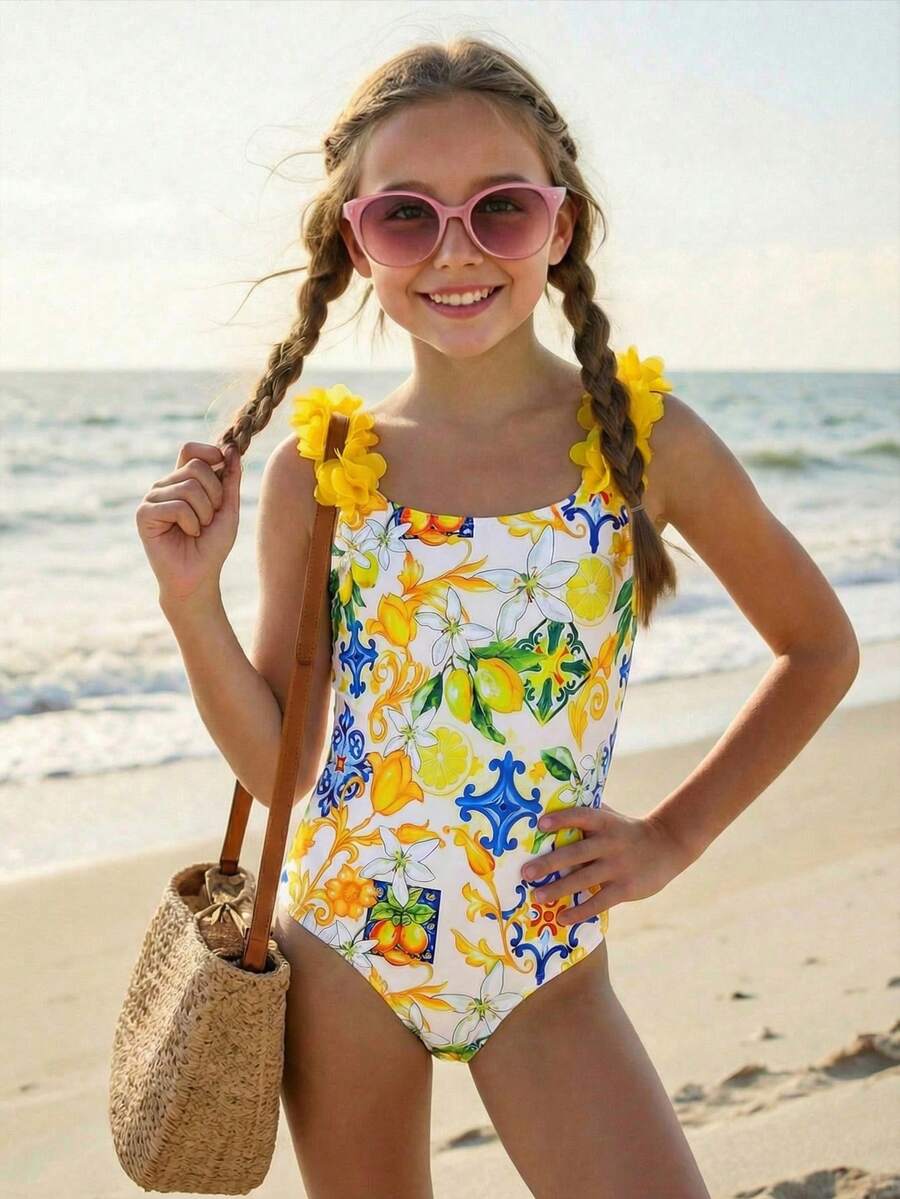 SHEIN 少女/少女针织条纹蝴蝶结设计3D花朵连体泳衣 粉色蝴蝶结泳衣 条纹连体泳衣 粉色连体泳衣 女童泳装 - 黃色 - 查看 1