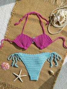 Swim Mod 2pcs/Set Women's Light Blue,Summer,Cute,Beach Vacation,Holiday,Holiday Crochet Starfish & Shell Pattern Spaghetti Strap Backless Bikini Cover Up Set - Purple - View 2