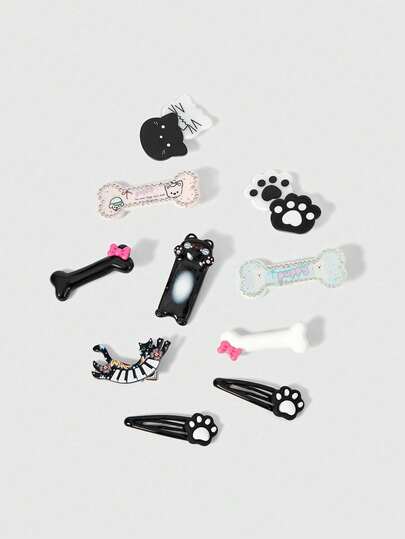 ROMWE Kawaii 10 Random Styles, Cute Style Cat Cartoon Hairpin, Handmade Cat Bow Piano Bone Element Combination Small Hairpin, Lolita Rhinestone Hair Accessories Combination.