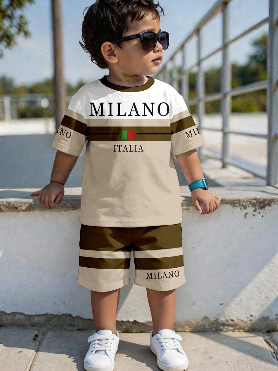 SHEIN Young Boy Casual Simple T-Shirt Set, Classic Italian Milan Text Graphic Print, Striped Pattern Print - Multicolor - View 1