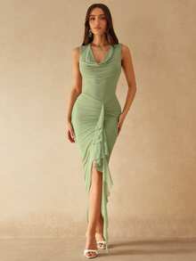 Silquee 女士深V领荷叶边无袖修身连衣裙 - 橄欖綠 - 查看 1