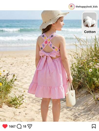 THE HAPPY LOOK Young Girl Floral Print Pinafore Dress, Versatile And Comfortable Vacation Dress For Girls Open Back Dress For Kids Girls Pink Summer Dress Cancun Vacation Outfits For Kids Girls Resort Wear