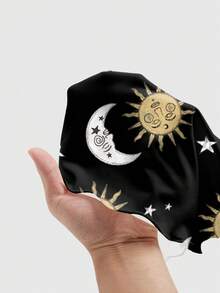 ROMWE Grunge Punk Vestido negro de tiras finas y elástico con estampado de sol y luna, estilo hippie, talla grande - Negro - Ver 5