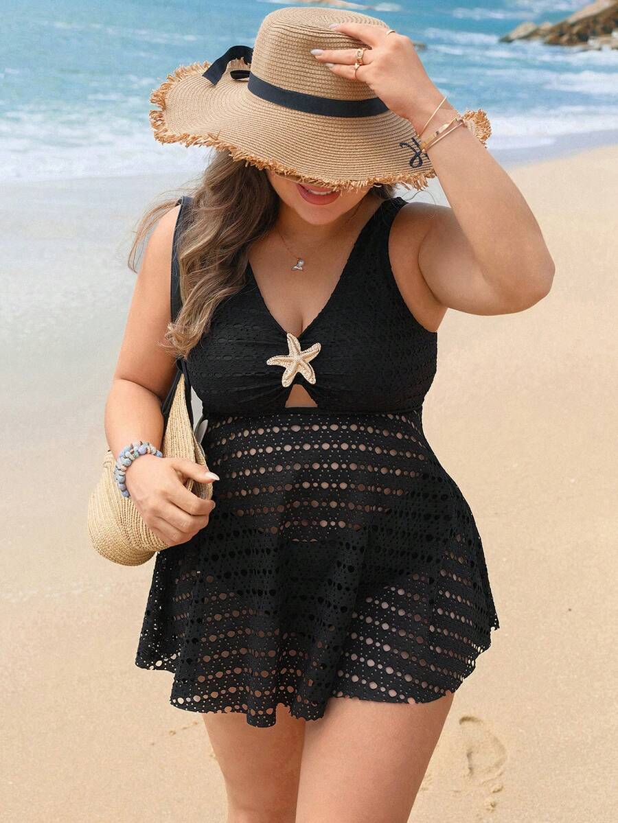 Swim Lushoire Plus Size Women's Perforated Special Fabric Starfish Metal Accent Swimsuit Dress - Black - View 1