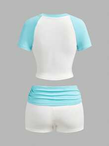 Slaydiva 新款春夏音乐节情人节复活节休闲简约基础款Y2K街头甜美畅销日常约会辣妹风性感运动风时尚圆领短袖露肩蓝袖白T恤+蓝色翻边腰头白色超短裤热裤白色撞色蓝运动套装辣妹英文印花女式两件套 -A - 藍白色 - 查看 13