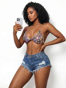 BamGleam Women's Fashion Sexy Cropped Sequin Metal Shiny Strap Halter Vest - Multicolor - View 4