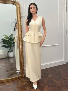 Modelyn Bộ 2 món áo không tay mùa xuân mới cho nữ, có bèo nhún ở gấu và đầm dài thắt eo. - Màu vàng - Xem 5