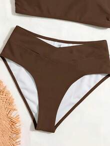 Swim Vcay 女士夏季新款纯色度假风抹胸交叉前开比基尼套装 - 咖啡棕 - 查看 5