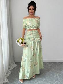 Elenzga Women's Off-Shoulder Cropped Top With Floral Embroidery Print, Suitable For Beach Vacation And Travel, 2-Piece Set, Spring/Summer - Green - View 5