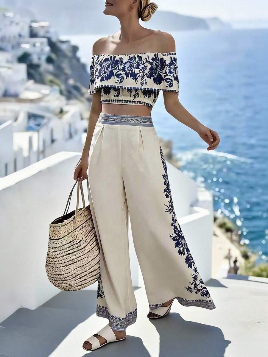 Louniche Bộ đồ nữ thường ngày phong cách nghỉ dưỡng, gồm áo trễ vai in hoa và quần ống rộng, thích hợp cho mùa xuân/hè. - Nhiều màu - Xem 1