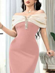 Feyla Women's Elegant Dress With Ruched Colorblock & Rhinestone Decor Off Shoulder - Pink - View 6