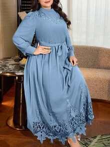 Modelyn Plus Size Solid Color Long Sleeve Chiffon Double Ruffle Hem Elegant Romantic Dress For Women - Dusty Blue - View 5