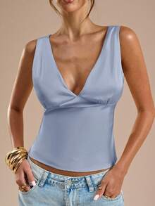 SHEIN BAE 黄色缎面蕾丝拼接吊带背心，适合度假、海滩、音乐节、早午餐、婚礼宾客、伴娘等场合穿着。 - 霧霾藍 - 查看 6