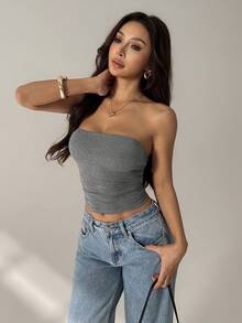 SHEIN PETITE Áo croptop quây xếp ly màu trơn dành cho nữ - màu đen - Xem 7