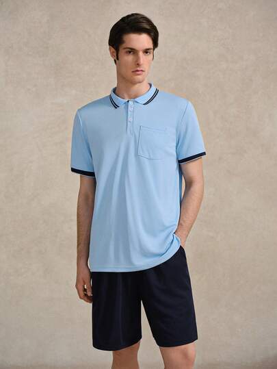 Courvante 男士纯色撞色滚边 Polo 衫，搭配时尚夏季短裤套装 Tenniscore