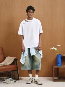 TOKVUE 男士休闲时尚度假短袖T恤，圆领针织衫，简约空白款，法式乡村风情，浪漫文艺，3D刺绣，简约法式，文艺范儿，修身剪裁，低调实用，日常通勤，度假商务出行，主题活动，节日礼物，男友礼物 - 白色 - 查看 4