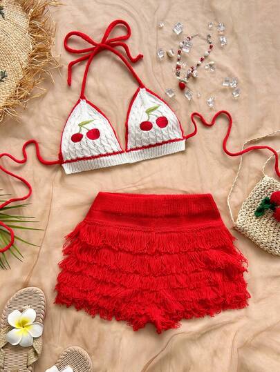 Soleia Women's Holiday Cherry Embroidery Cropped Halter Knit Top And Fringe Knit Shorts 2 Pieces Set