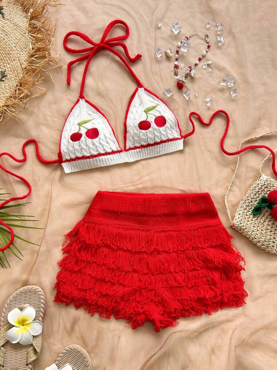 SHEIN WYWH Women's Holiday Cherry Embroidery Cropped Halter Knit Top And Fringe Knit Shorts 2 Pieces Set - Red and White - View 1