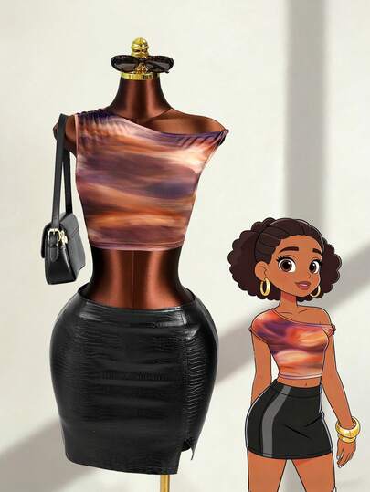 Lureya Dames zomer T-shirt met ombre print in lavarood en kleurrijke details, gedraaide schouders, aansluitend model, sexy, casual voor dagelijks gebruik, strand, feestjes, uitjes, dates en thuis.