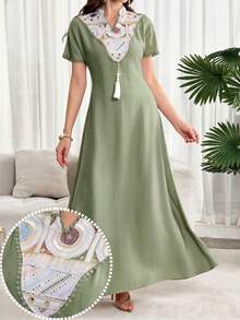 Al Najma Đầm ngắn tay cổ chữ V thanh lịch thêu sequin dành cho nữ, thích hợp cho mùa hè. - màu xanh lá - Xem 1