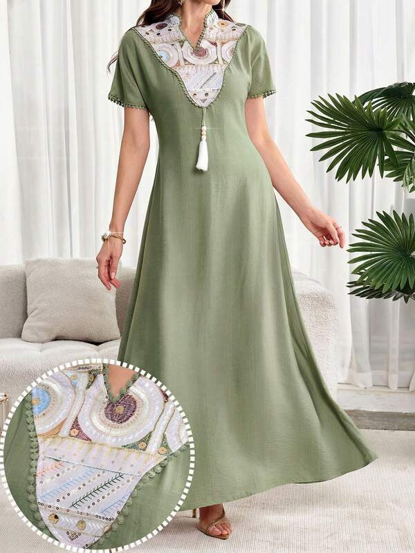 Al Najma Women's Elegant Sequin Embroidery Notched Neck Short Sleeve Dress, Summer