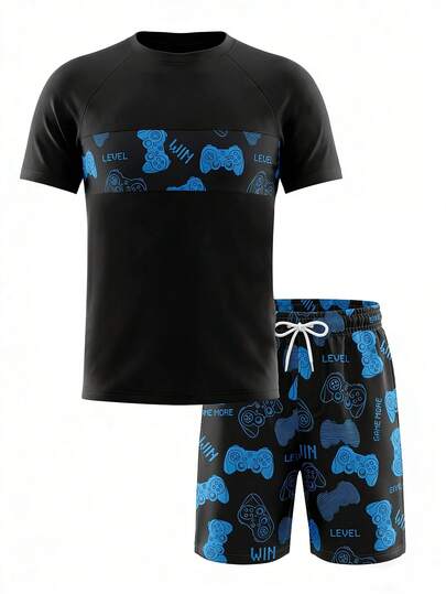 2pcs Tween Boys Swimwear Set, Black Base Color With Blue Gamepad Print Stripes, "LEVEL" "WIN" "GAME MORE" Pixel Text, Matching Printed Shorts, Fashionable, Casual, Suitable For Swimming, Summer Vacation, Beach, Pool Party Boys Beach Wear Boy Beach Outfits Boys Summer Clothes Spring Summer Picks Men 2 Piece Set Summer Set Men Mens Loungewear Set Gamer Print Set Mens Shorts And T-Shirt Set Men Summer Set Men Short Sleeve Set Men Shorts Set Men Graphic Set