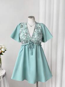 Flirla Elegant Versatile Fashion Embroidered Beaded Floral Patchwork Cinched Waist Dress - Green - View 3