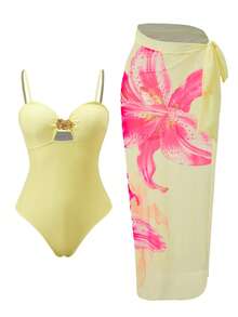 Swim Oasis 女士绿松石色花卉金属扣露背扎染印花浪漫优雅高端连体网纱连衣裙套装，两件套，春夏 - 彩色 - 查看 8